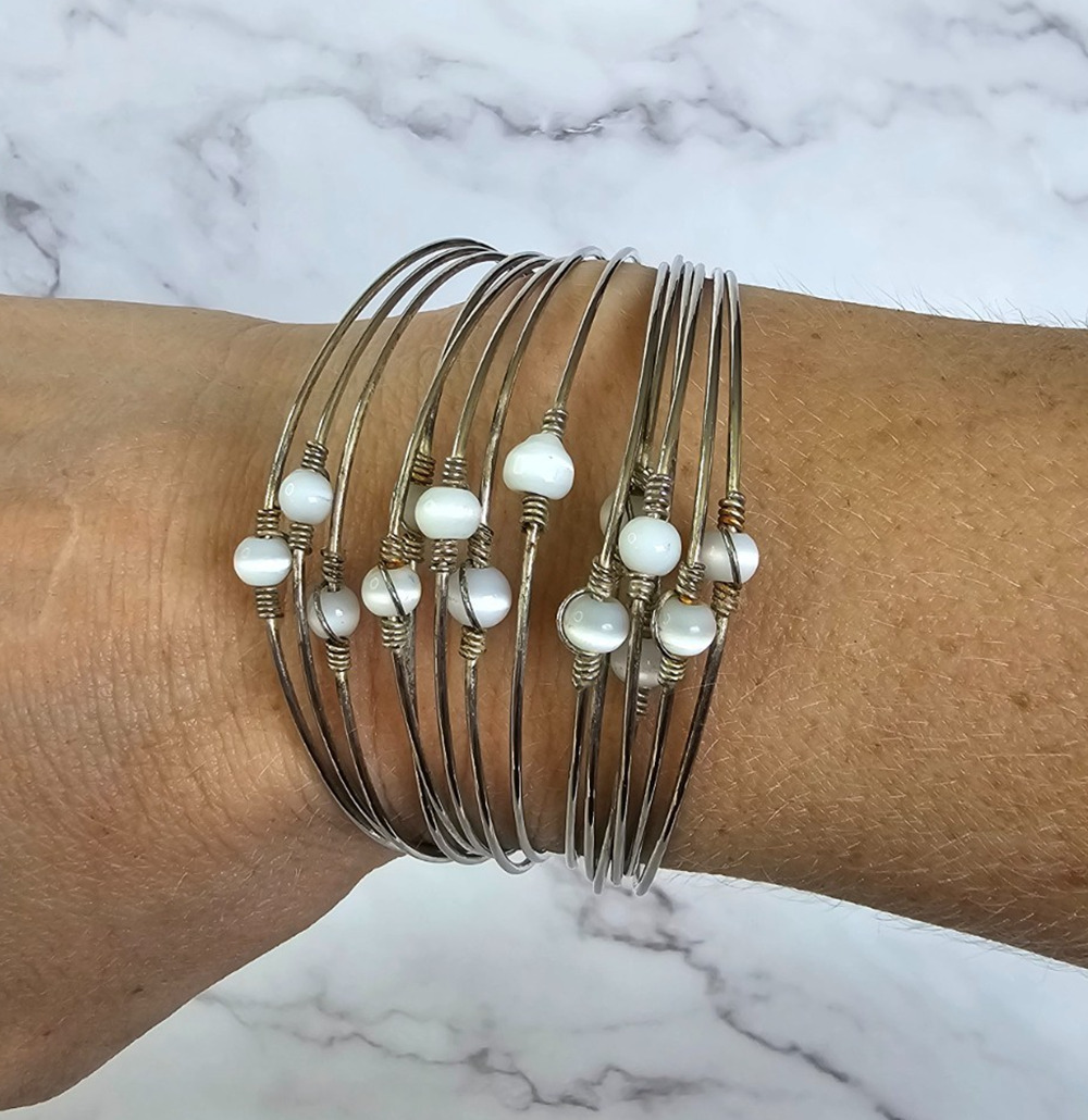 Vintage Multi-Strand Wire Wrap Open Cuff Bracelet White Beads Silver Boho 80s